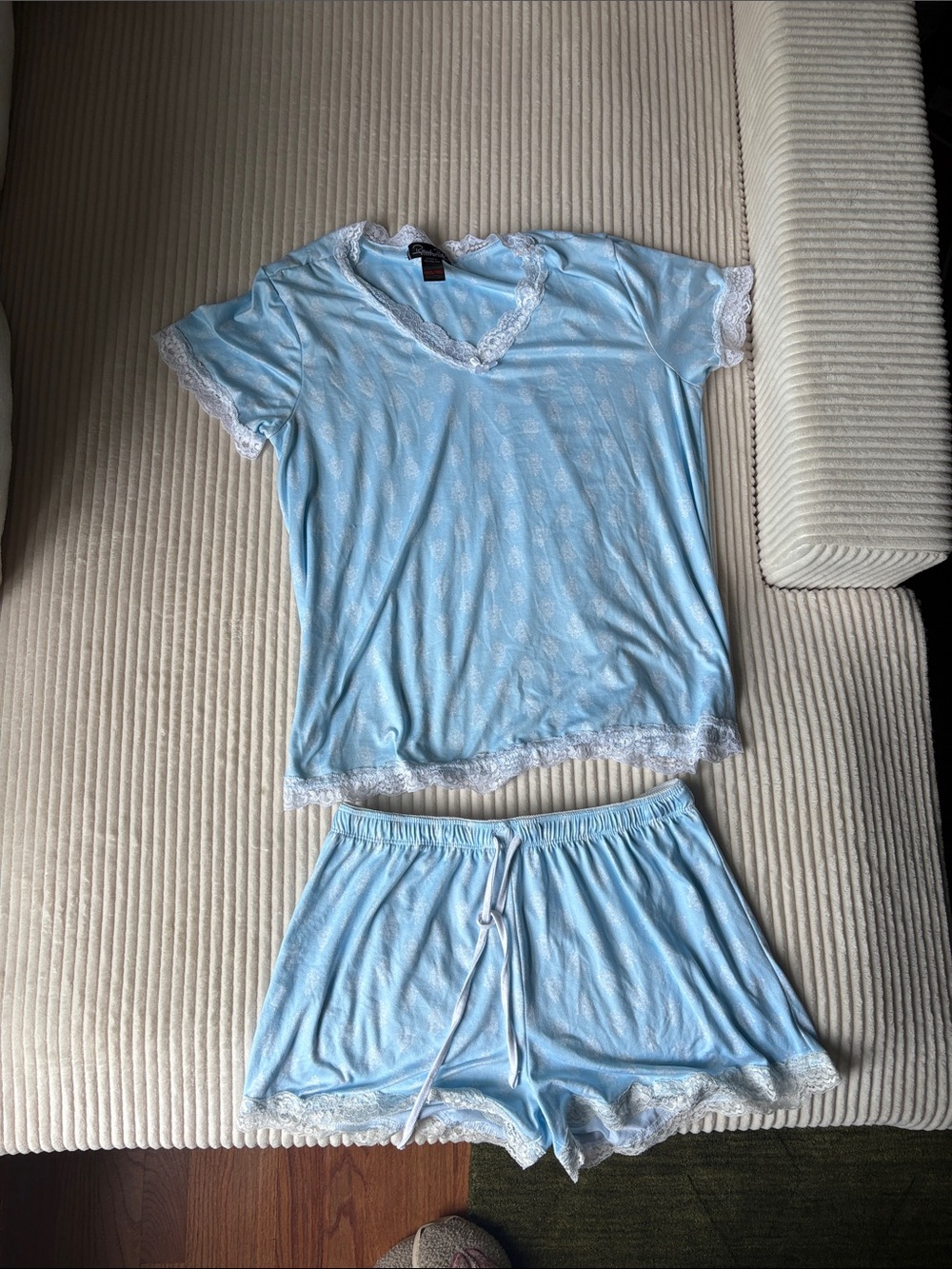 Women's Light Blue Lace-Trim Short Sleeve Pajama Set